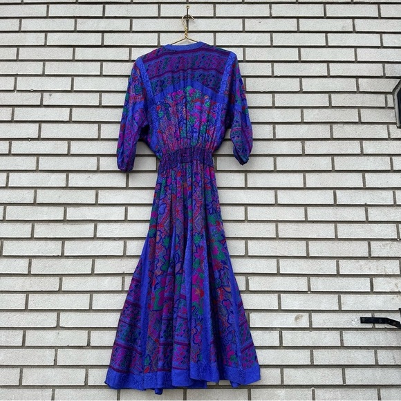 1980’s Rare Vintage Diane Freis Silk Dolman V-Neck Godet Dress Purple Abstract - Picture 9 of 11